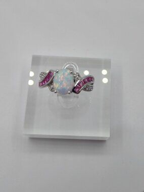 Opal + Pink Sapphires Ring - Sz 7.25 Sterling Silver 925 Signed SUN